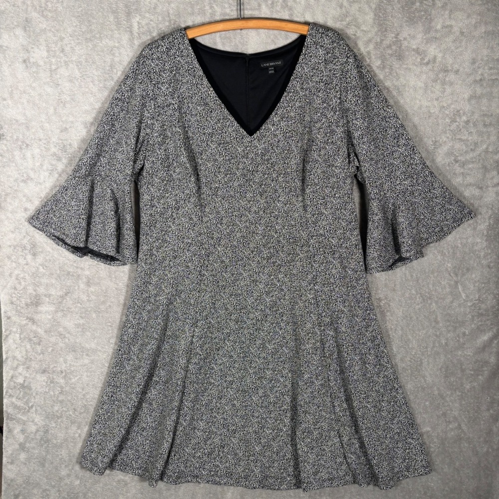 Lane Bryant Plus Size 22/24 Black White Marl V-Neck Bell Sleeve Skater Dress